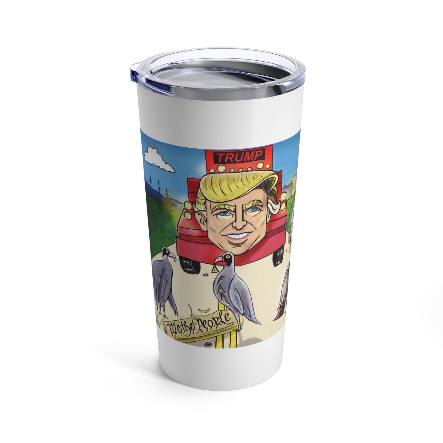 Deep State funny political gift tumbler showing Trump confronting George Soros and vultures over the Constitution