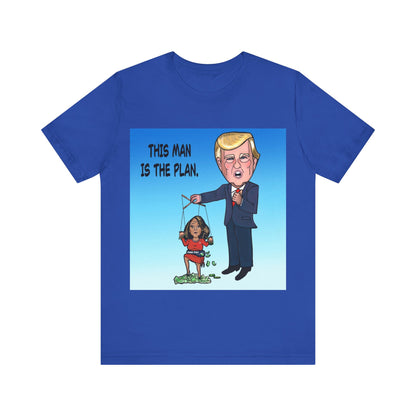 Blue Fani Pac political satire T-shirt featuring Donald Trump holding a Fani Willis puppet