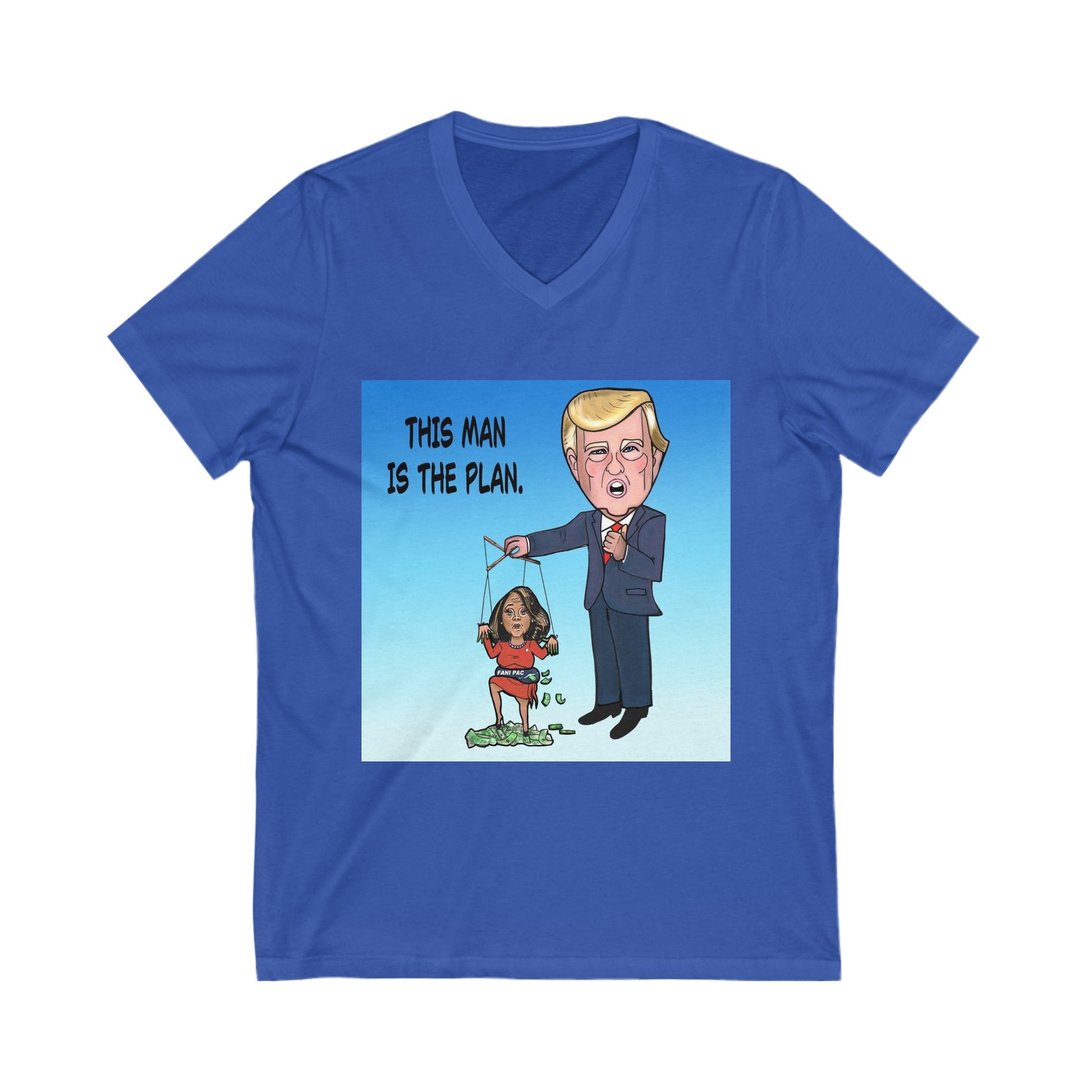 Blue Fani Pac political satire V-neck T-shirt featuring the Fani Pac Musobia cartoon