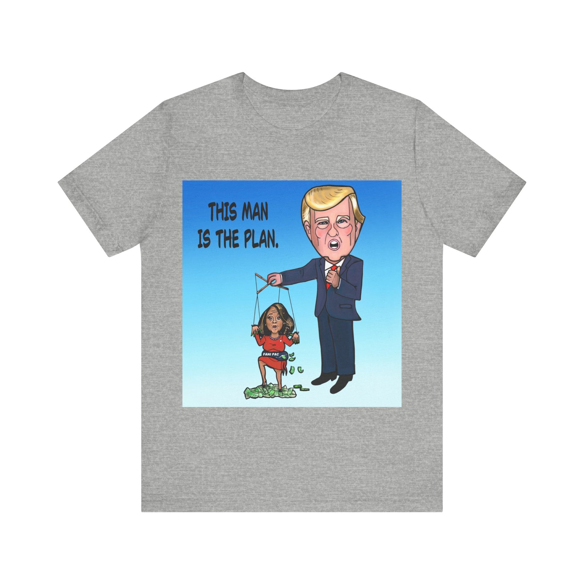 Grey Fani Pac political satire T-shirt featuring Donald Trump holding a Fani Willis puppet