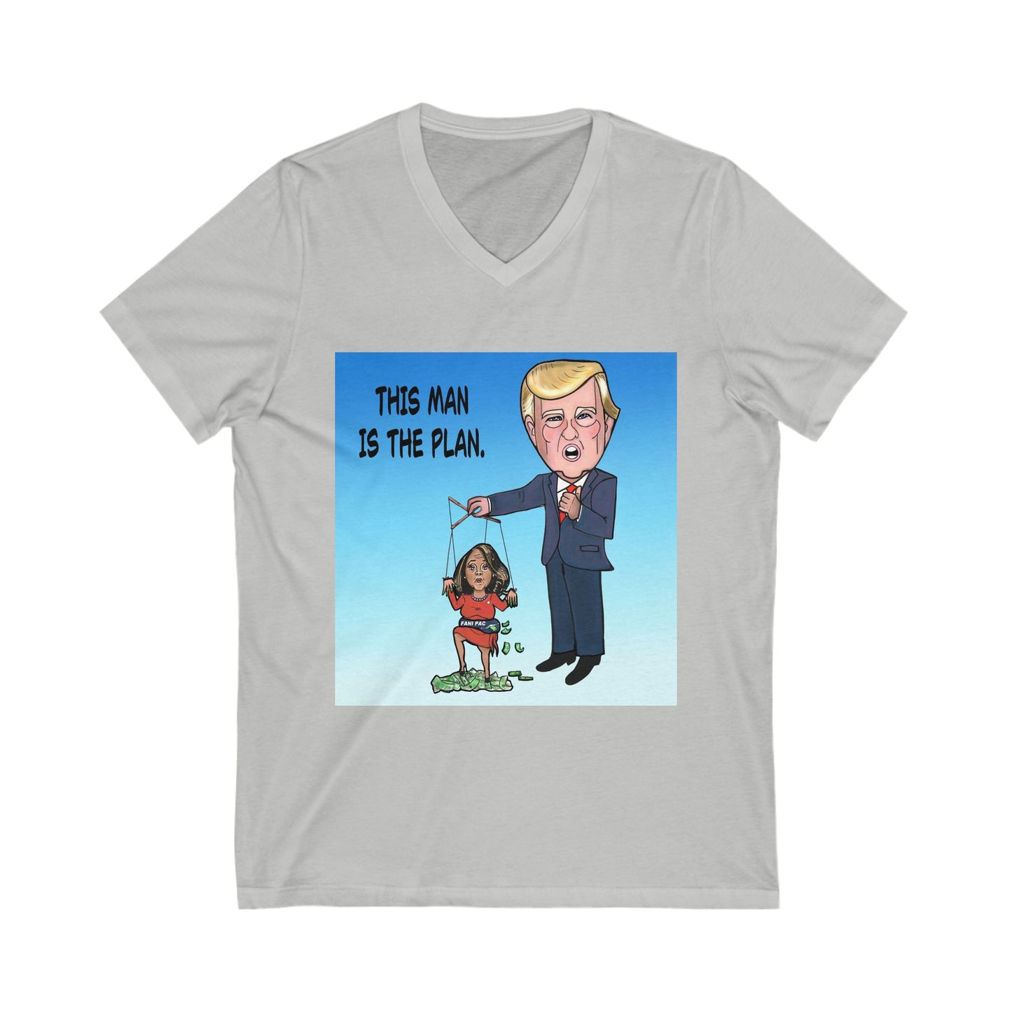 Grey Fani Pac political satire V-neck T-shirt with original Musobia puppet-master artwork