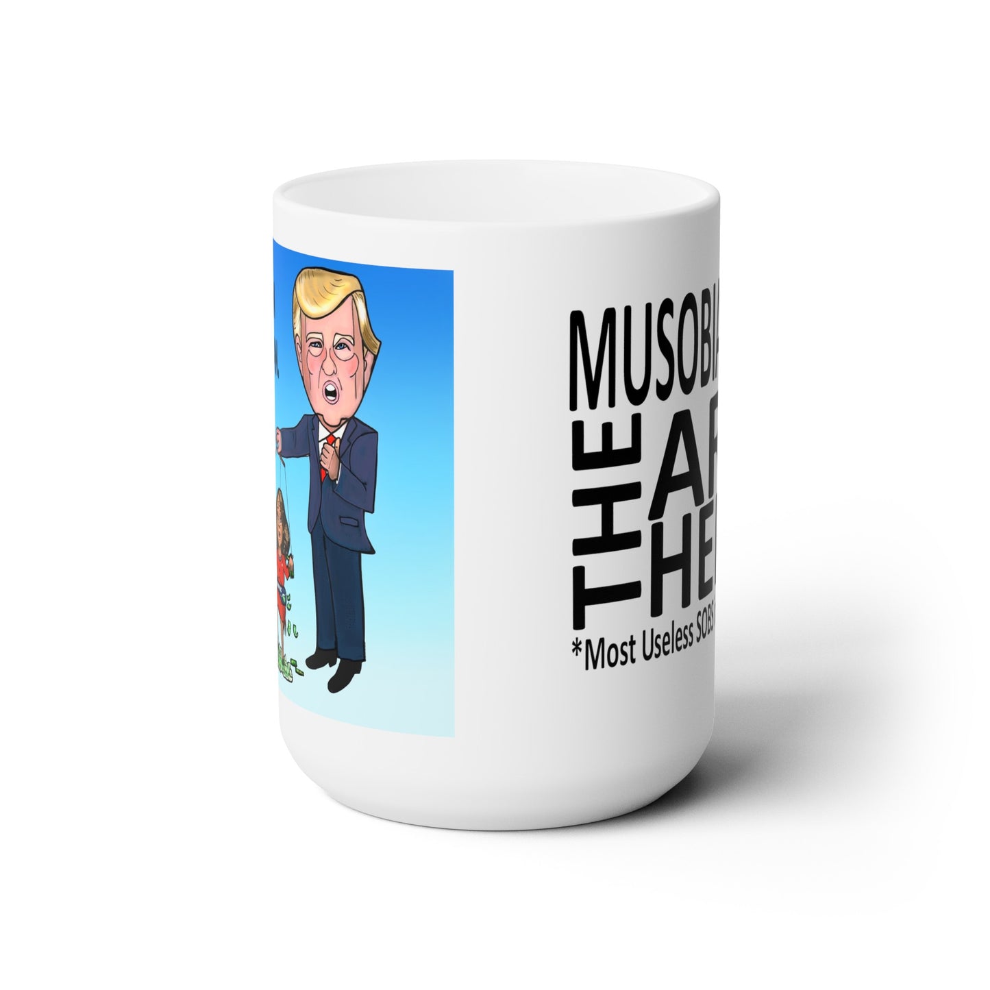 Side view of the Fani Pac ceramic mug with original Musobia political satire artwork
