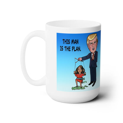 Fani Pac 15 oz political satire mug featuring Donald Trump holding a Fani Willis puppet