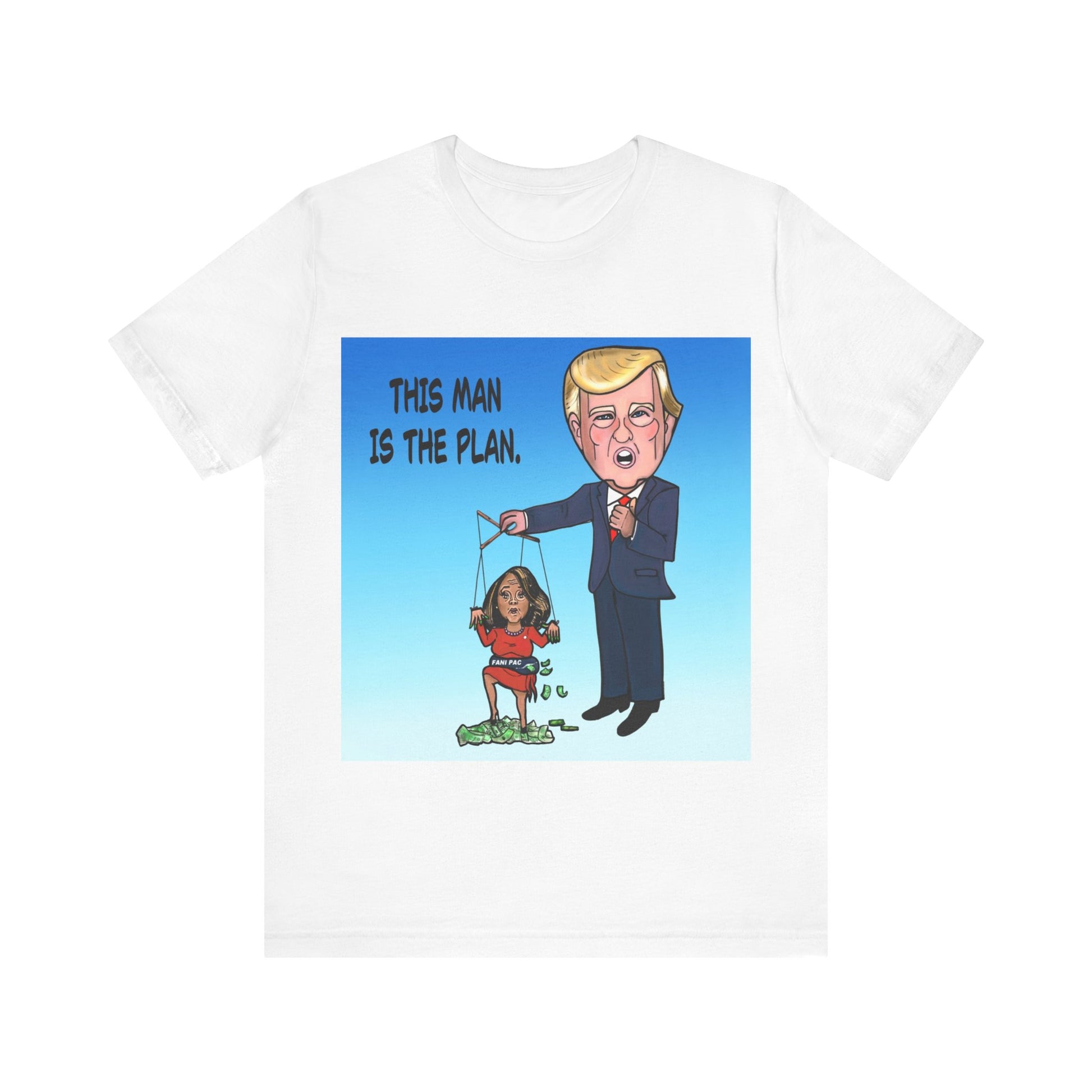 Fani Pac political satire T-shirt featuring Donald Trump holding a Fani Willis puppet