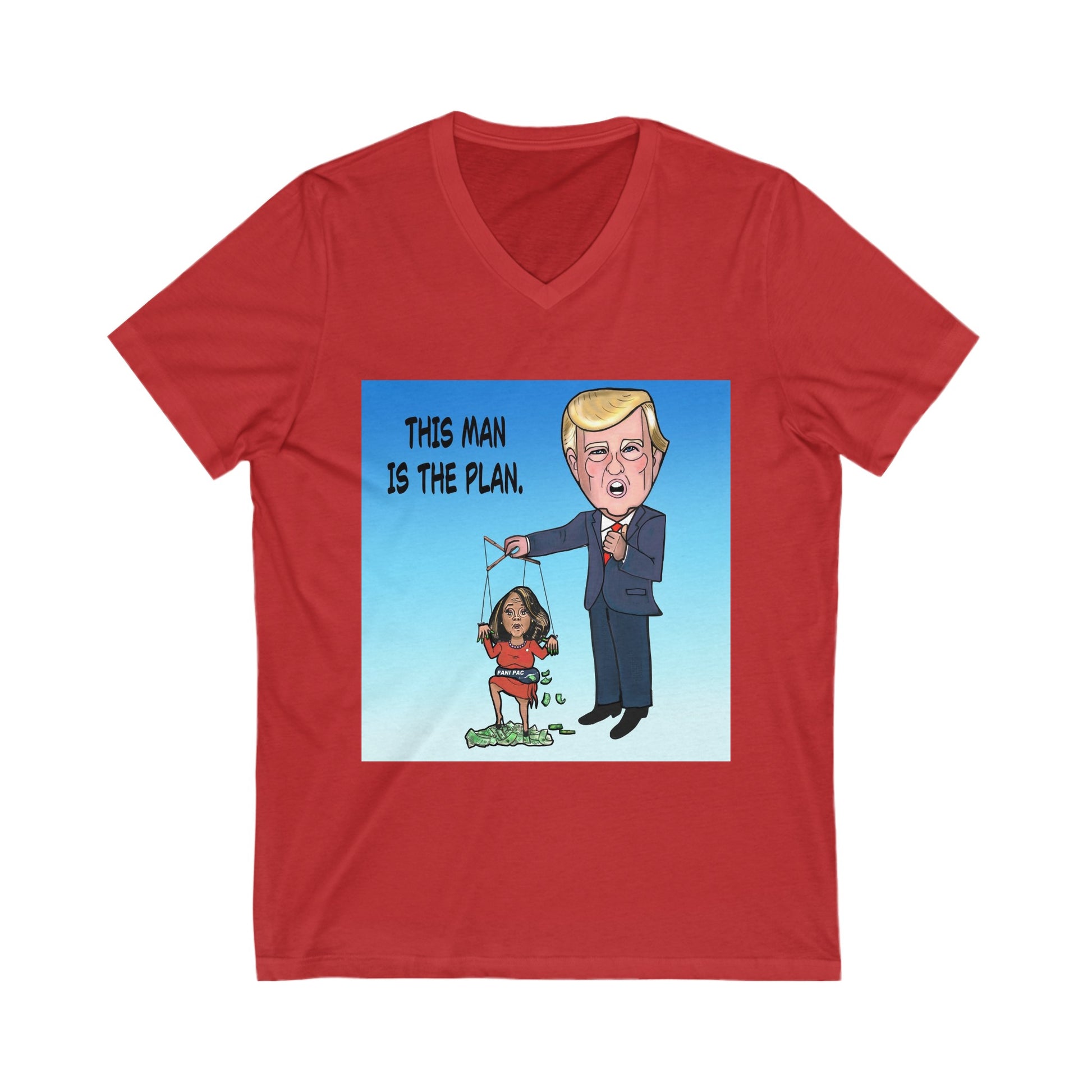 Red Fani Pac political satire V-neck T-shirt inspired by Fani Willis and Donald Trump