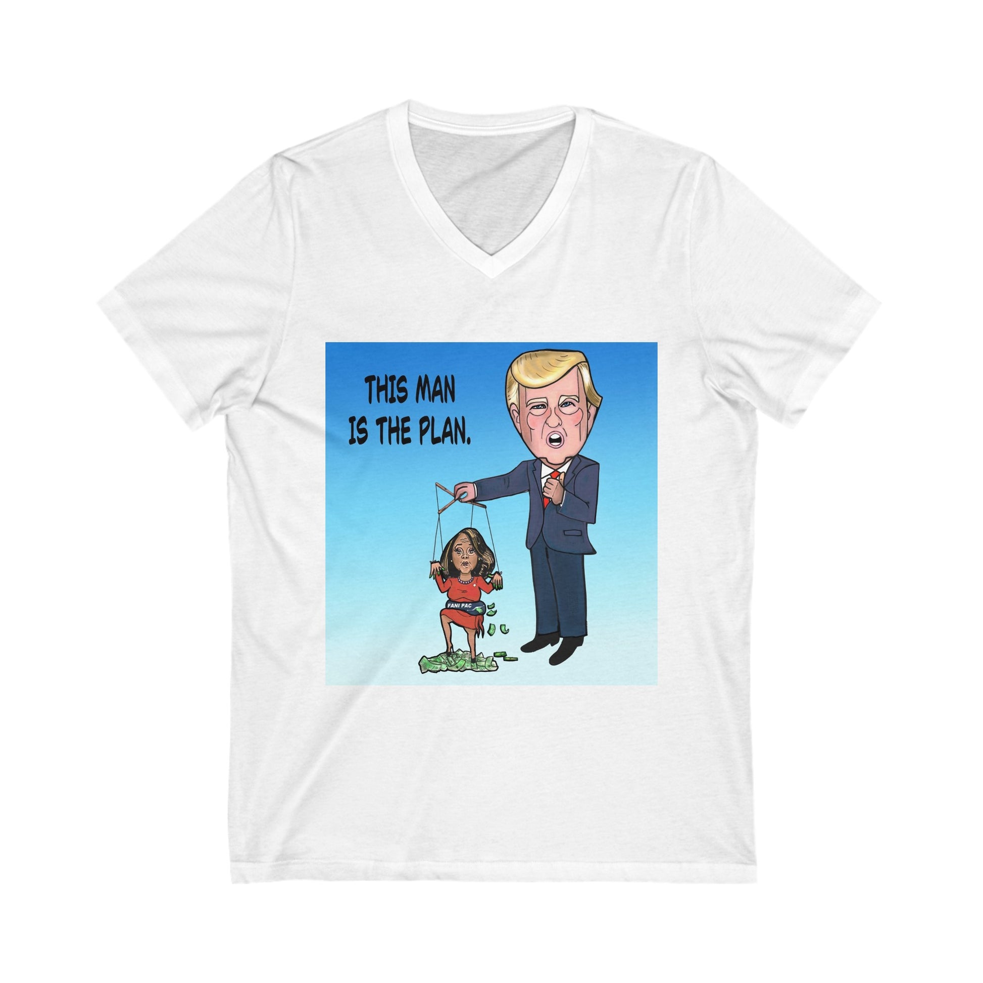 White Fani Pac political satire V-neck T-shirt featuring Donald Trump holding a Fani Willis puppet