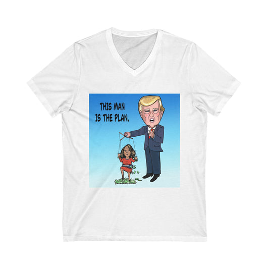 White Fani Pac political satire V-neck T-shirt featuring Donald Trump holding a Fani Willis puppet