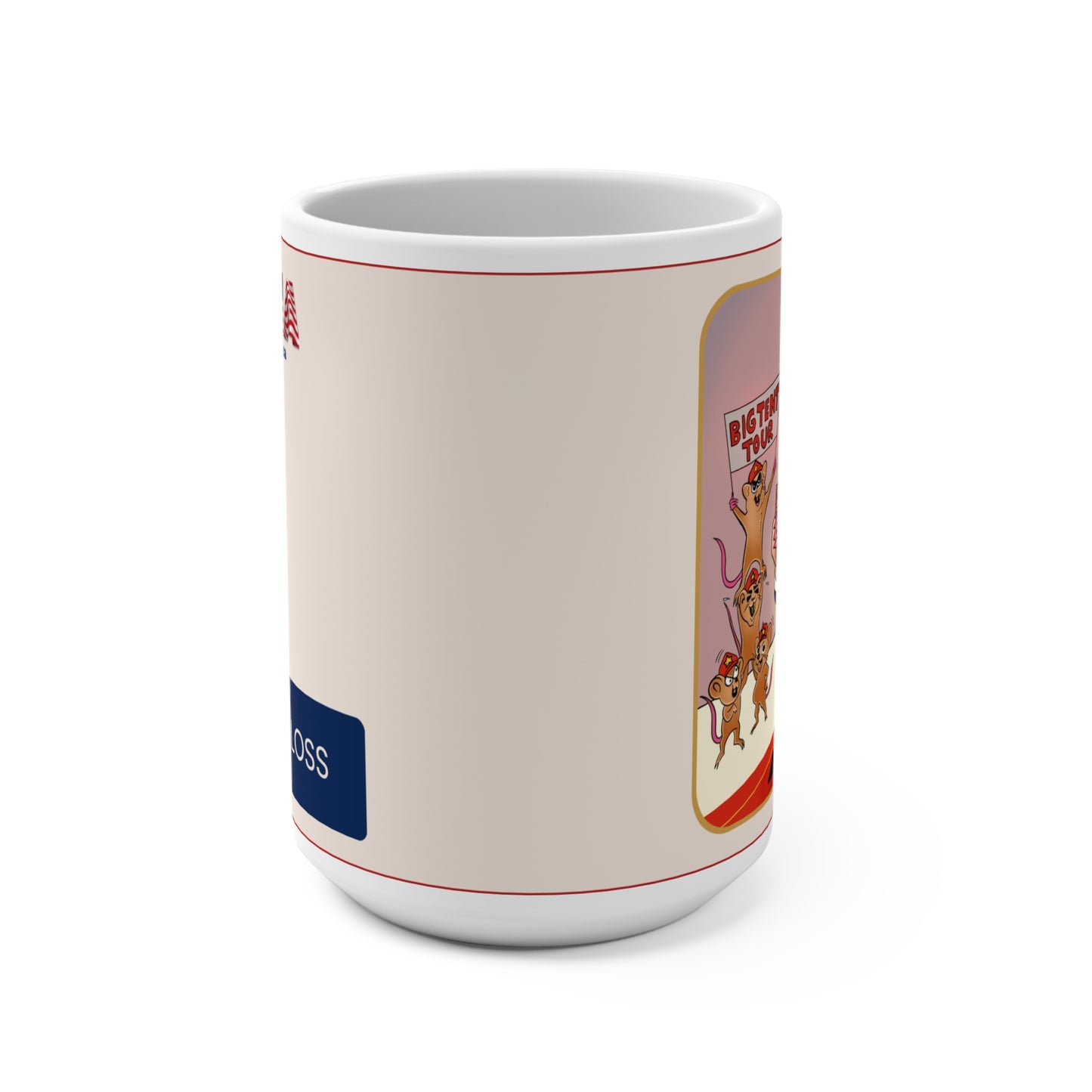 Governor Gloss Musobia mug showing the full caricature, Big Tent Tour banner, and political satire artwork.