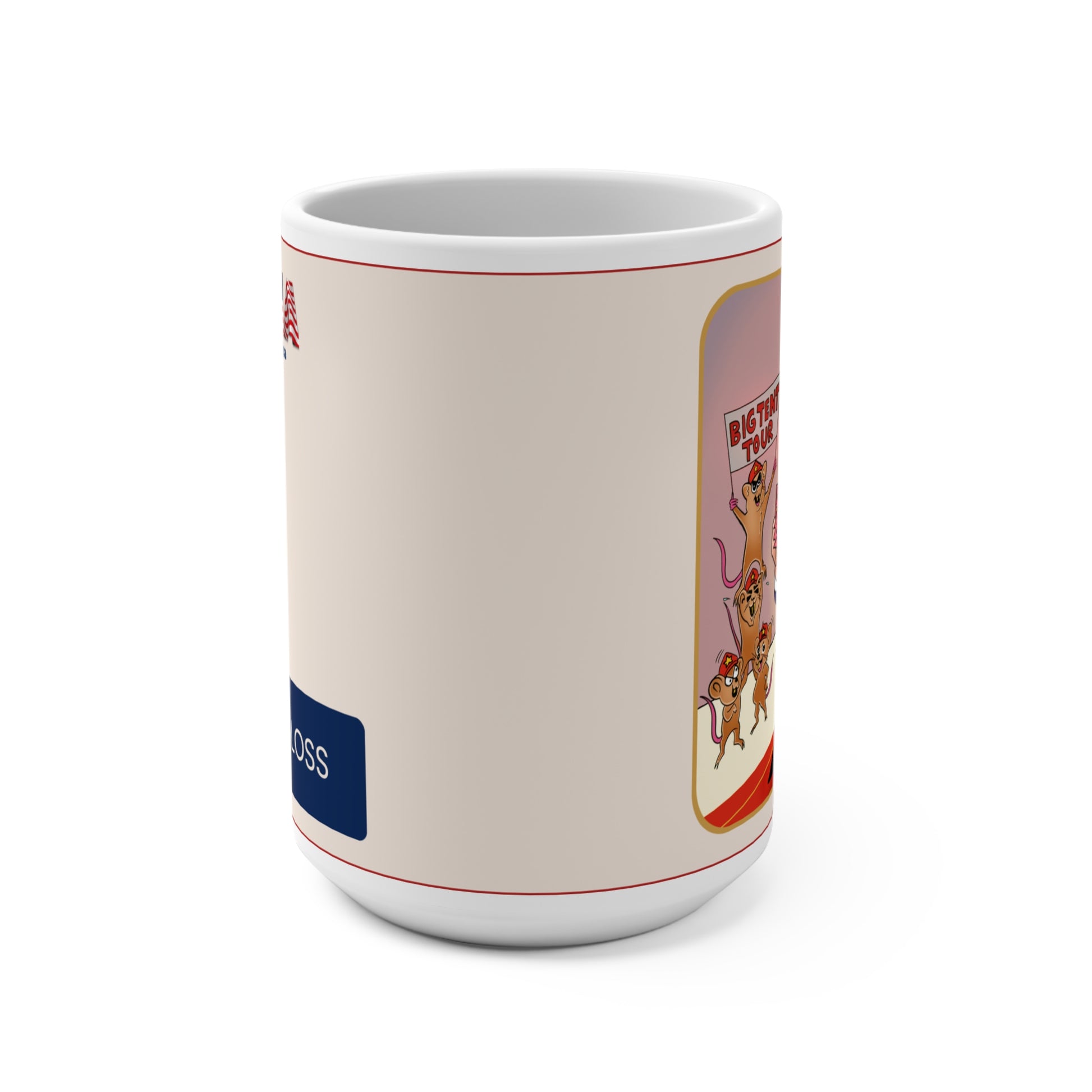 Governor Gloss Musobia mug showing the full caricature, Big Tent Tour banner, and political satire artwork.
