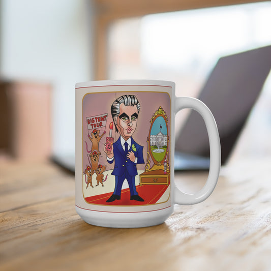 Governor Gloss 15 oz political satire mug featuring Socialist Red lipstick, communist mice, and a White House reflection.