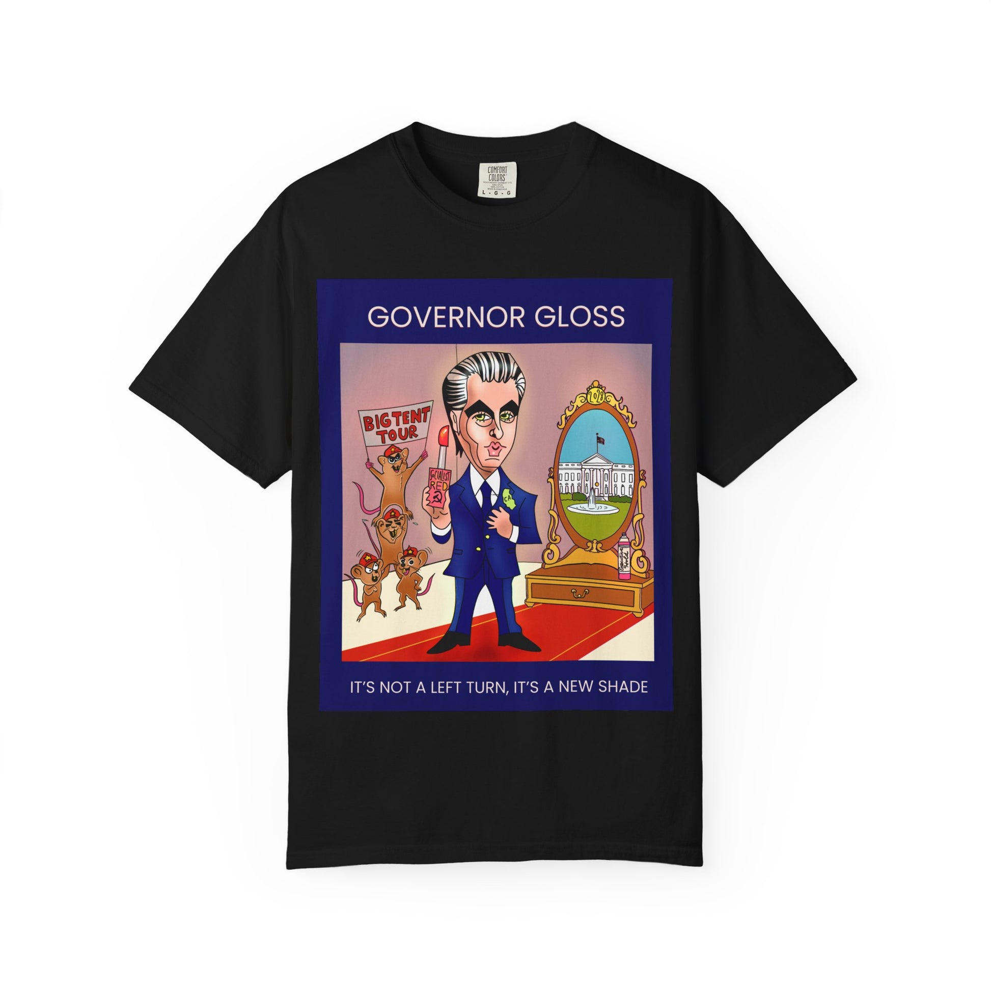 Black Governor Gloss garment-dyed T-shirt featuring the colorful Musobia political satire design on the front.