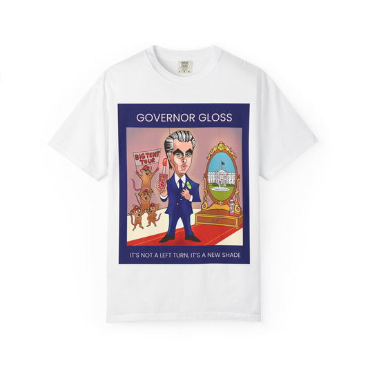White Governor Gloss political satire T-shirt featuring the full Musobia character artwork, Socialist Red lipstick, communist mice