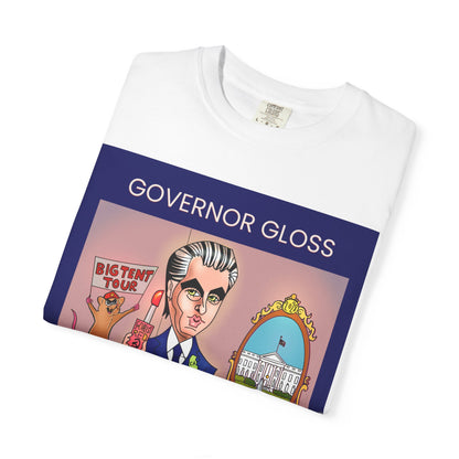 Angled view of the white Governor Gloss political satire T-shirt showing the full front cartoon design.