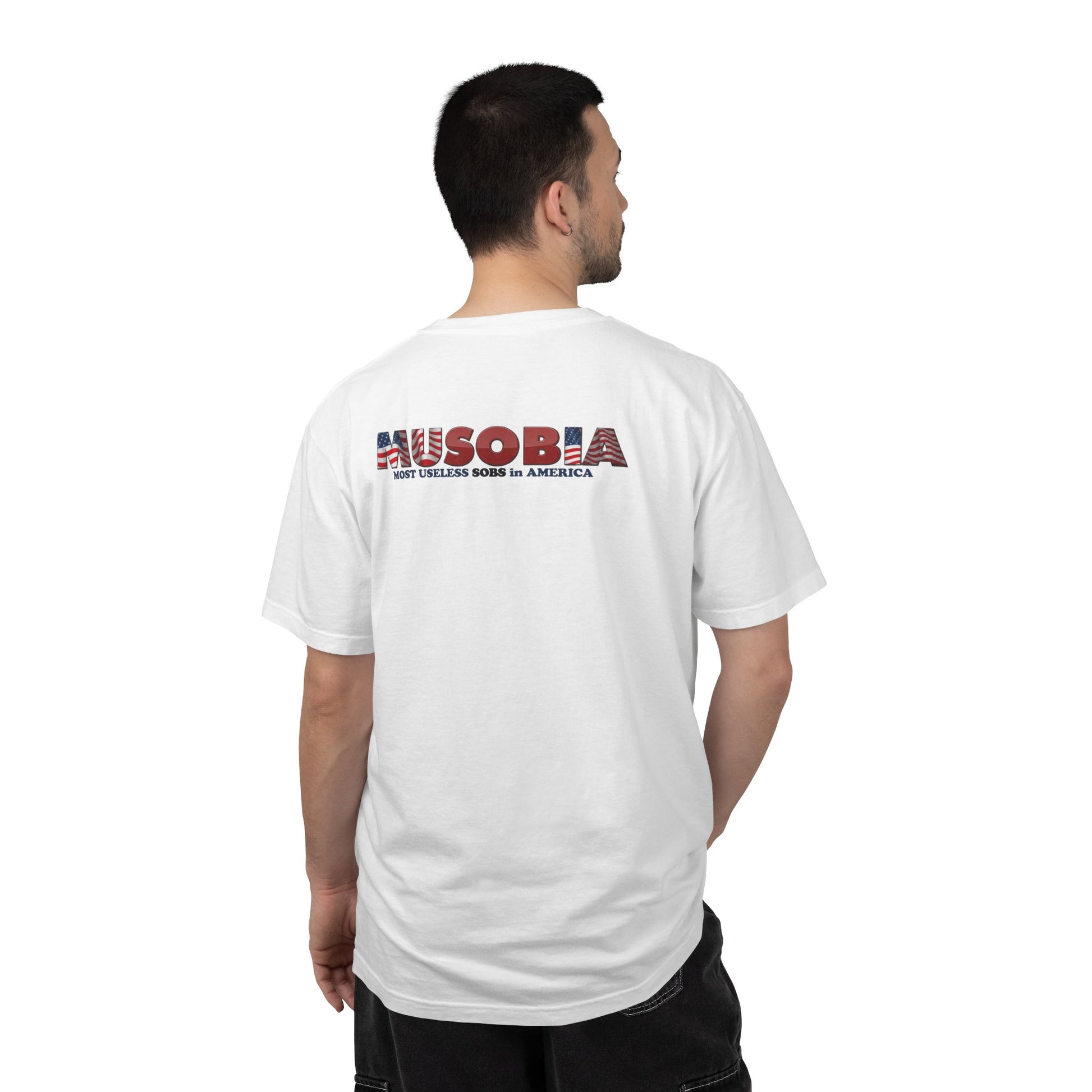 Back view of a model wearing the white Governor Gloss T-shirt with the Musobia logo across the shoulders.