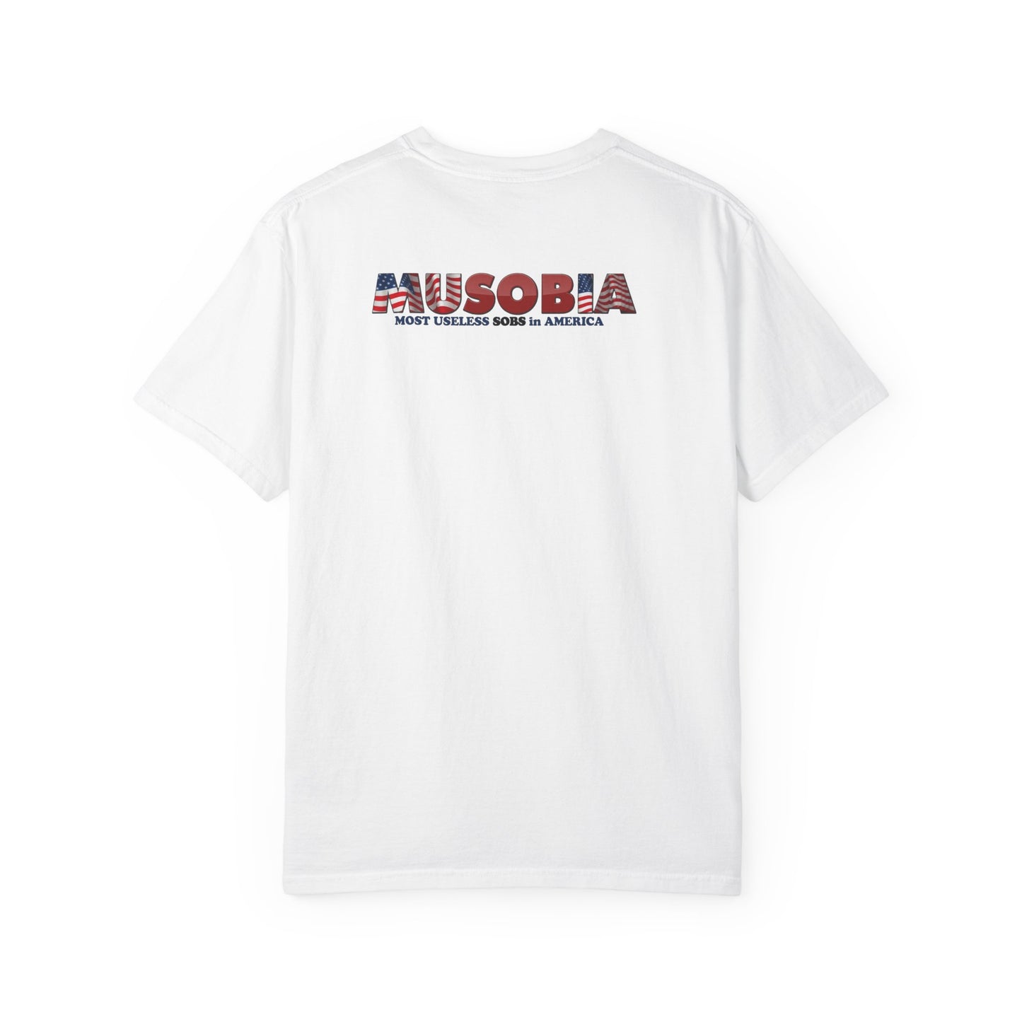 Back of white Governor Gloss T-shirt featuring the Musobia logo printed across the upper back.