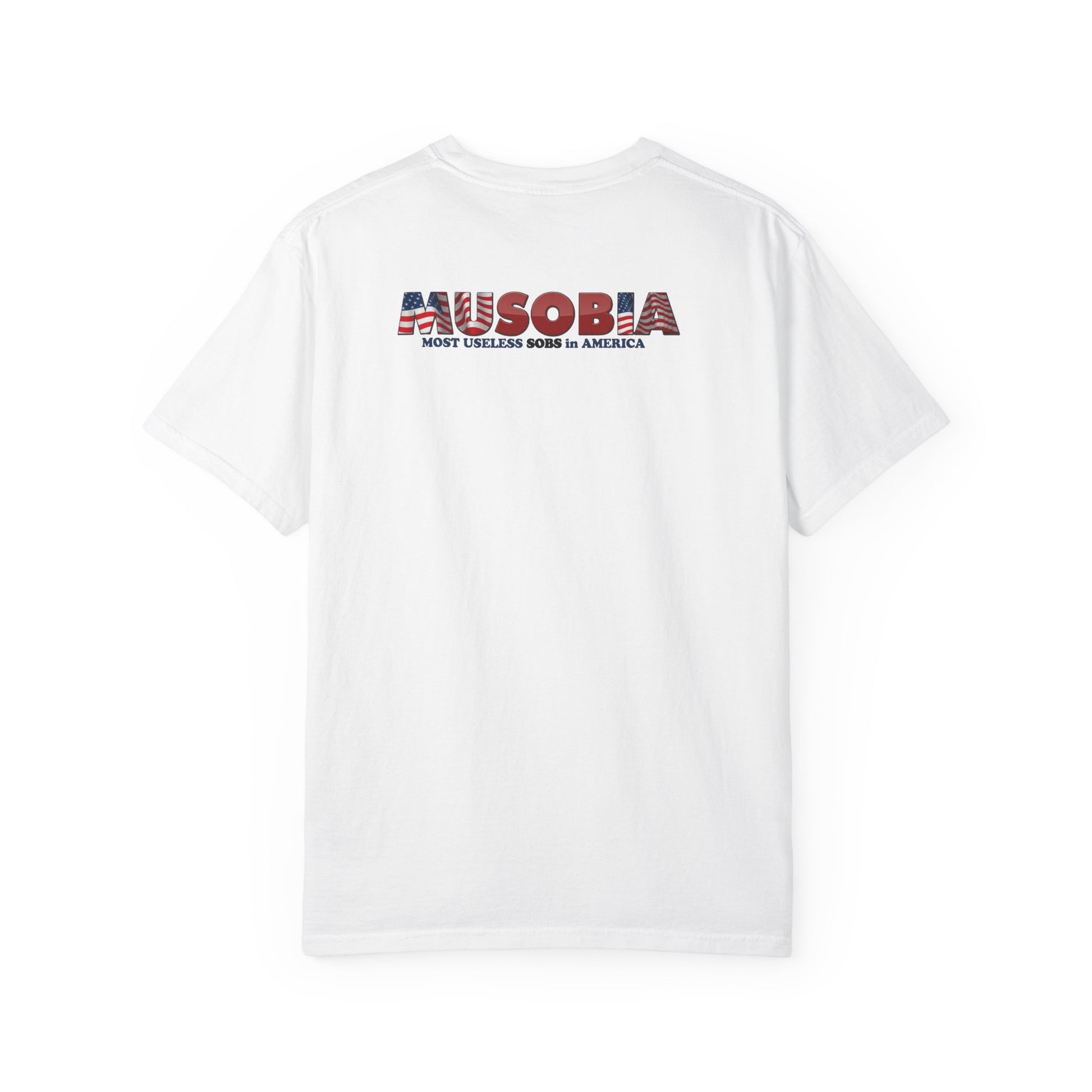 Back of white Governor Gloss T-shirt featuring the Musobia logo printed across the upper back.