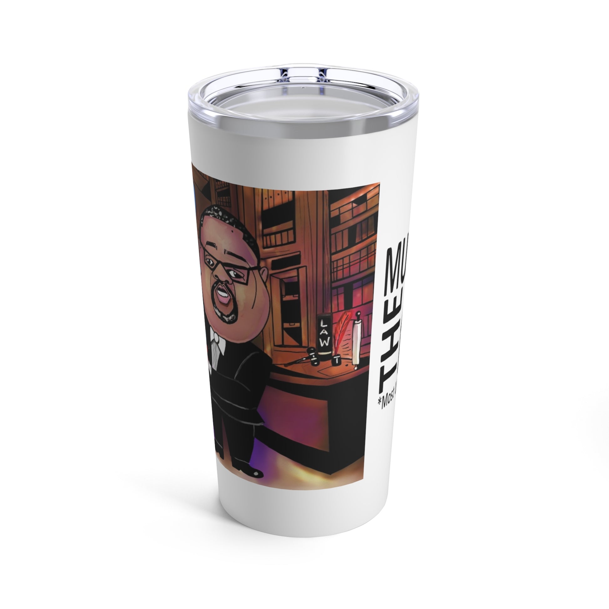 Side-angle view of the Hare Brain Persecutor 20 oz tumbler showing part of the Alvin Bragg caricature and wraparound Musobia political satire design.