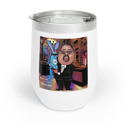 Front view of the Hare Brain Persecutor wine tumbler featuring an Alvin Bragg caricature holding a blue rabbit marked 34.