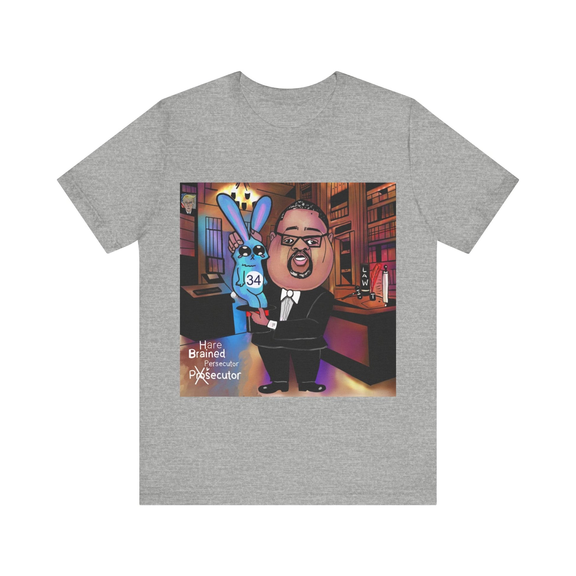 Athletic Heather Hare Brain Persecutor political satire T-shirt featuring the full Musobia courtroom character artwork.