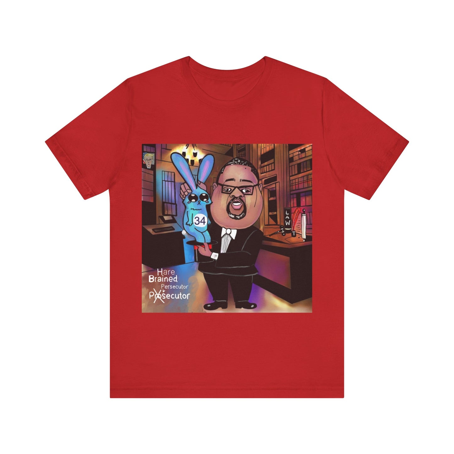 Red Hare Brain Persecutor crew neck T-shirt featuring an Alvin Bragg caricature and blue rabbit marked 34.