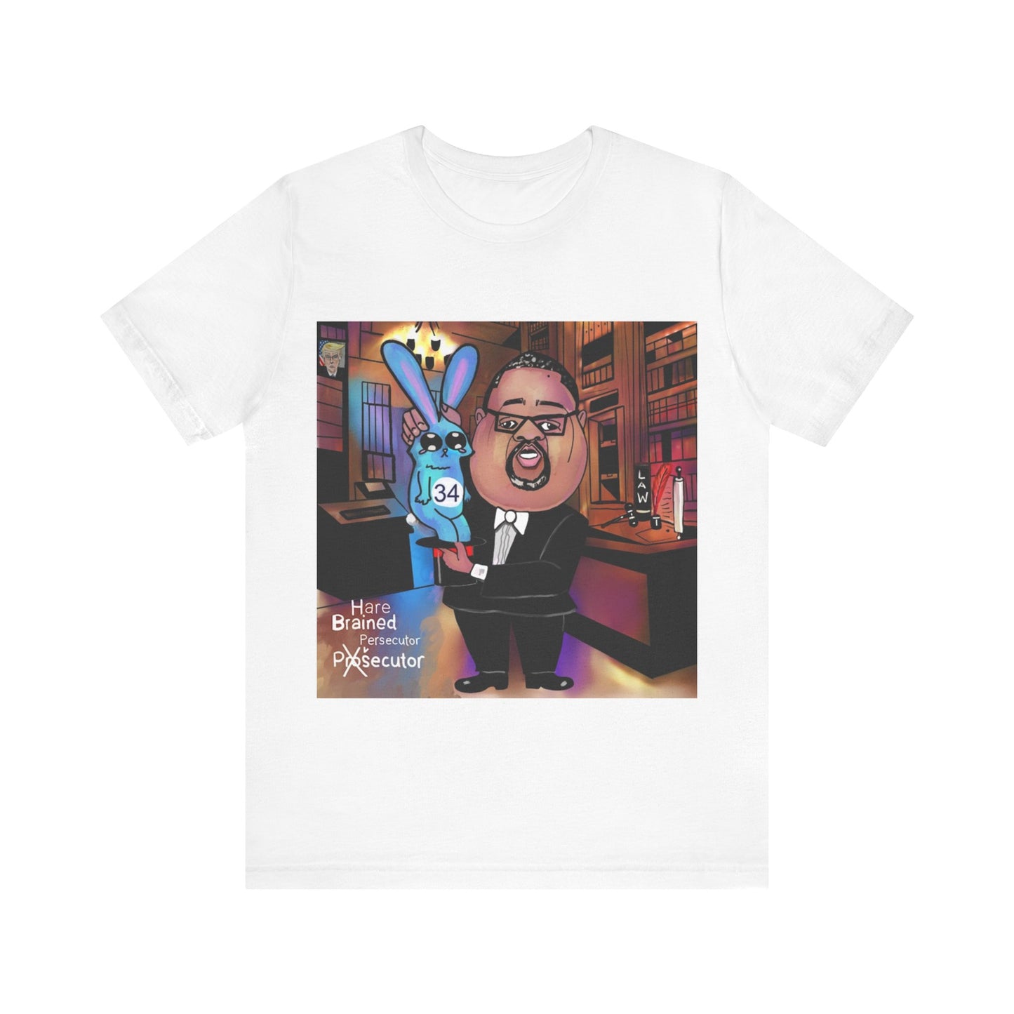 White Hare Brain Persecutor crew neck T-shirt featuring an Alvin Bragg caricature holding a blue rabbit marked 34.