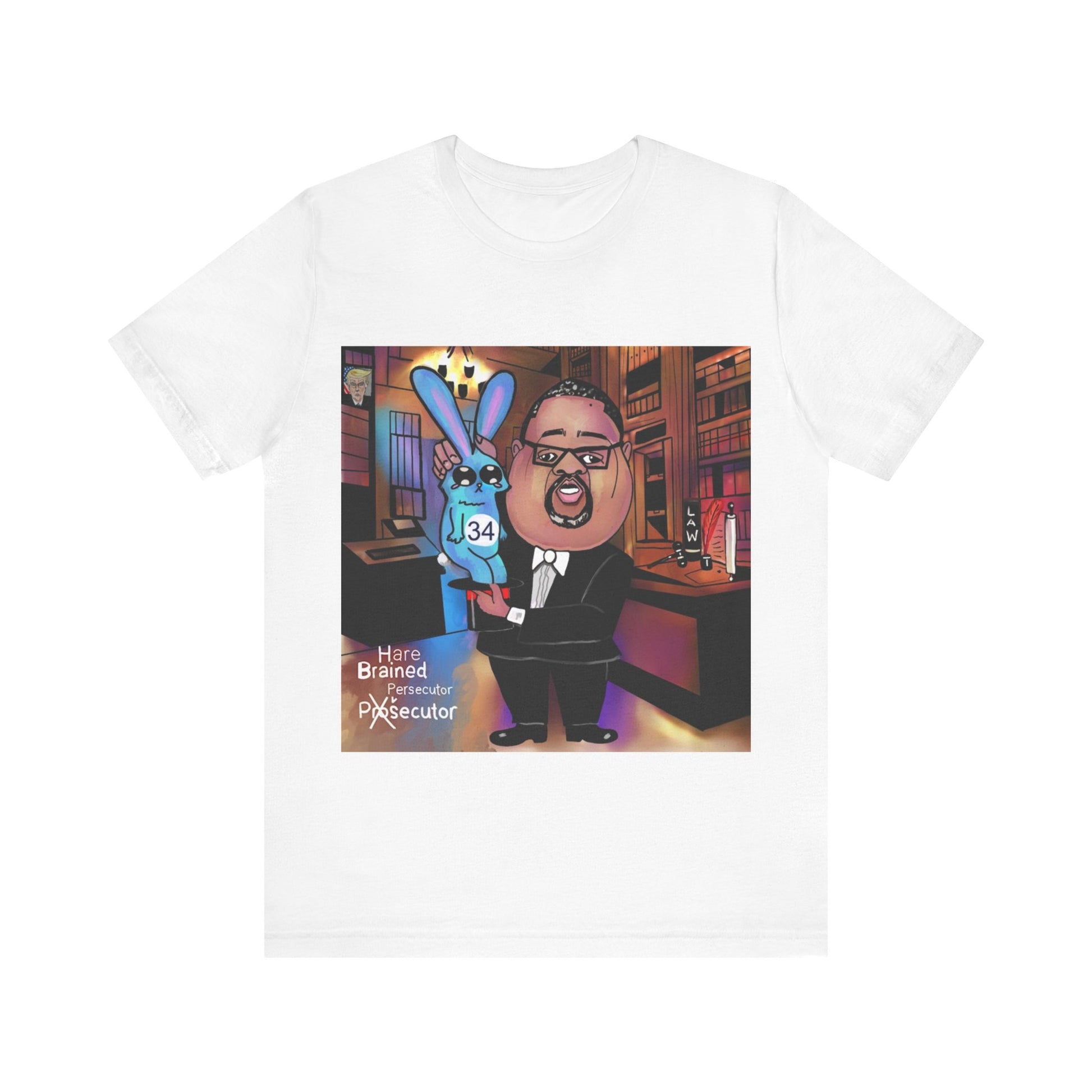 White Hare Brain Persecutor crew neck T-shirt featuring an Alvin Bragg caricature holding a blue rabbit marked 34.