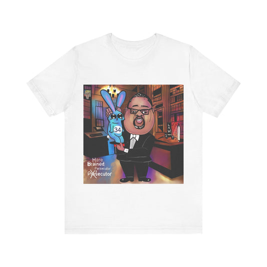 White Hare Brain Persecutor crew neck T-shirt featuring an Alvin Bragg caricature holding a blue rabbit marked 34.