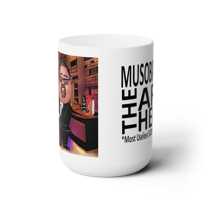 Side view of the Hare Brain Persecutor ceramic mug showing the Alvin Bragg courtroom satire artwork.
