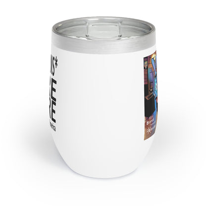 Side view of the Hare Brain Persecutor insulated wine tumbler showing part of the Alvin Bragg courtroom satire artwork.