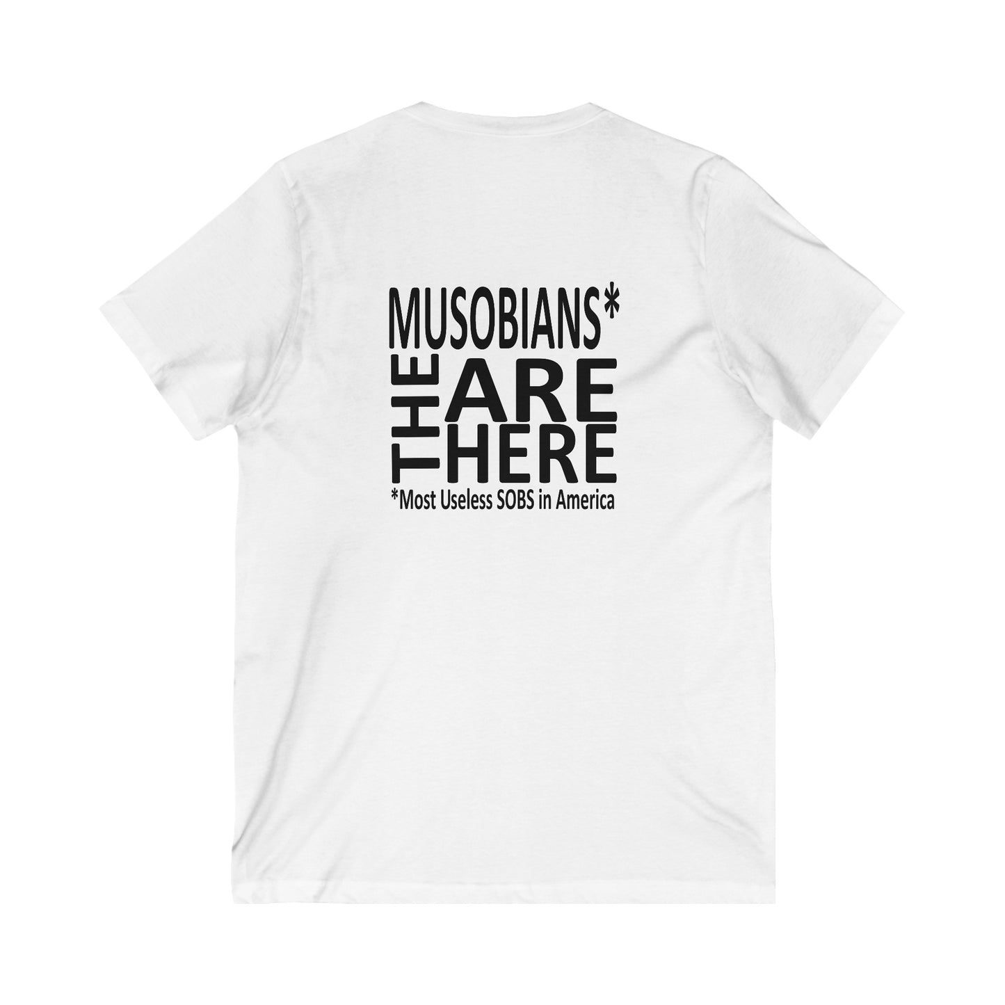 Back view of the Hare Brain Persecutor V-neck T-shirt showing the Musobians They Are Here logo.