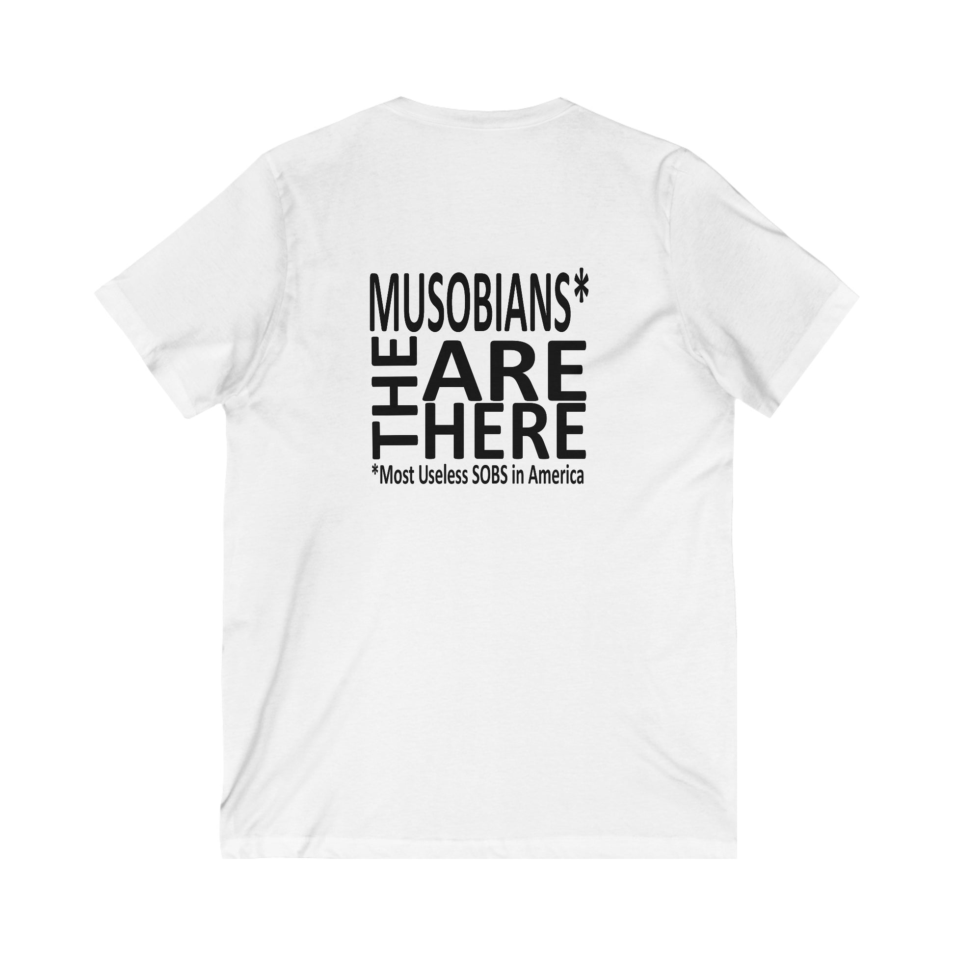 Back view of the Hare Brain Persecutor V-neck T-shirt showing the Musobians They Are Here logo.