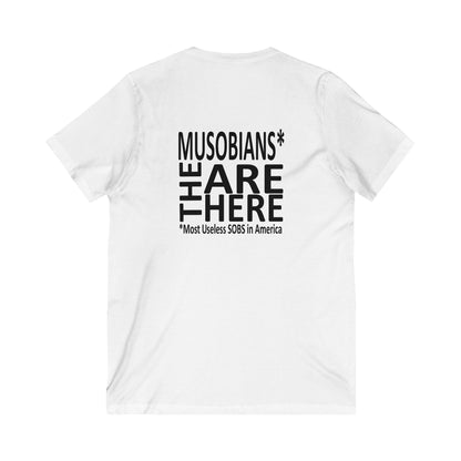 Back view of the Hare Brain Persecutor V-neck T-shirt showing the Musobians They Are Here logo.