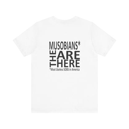 Back view of the Hare Brain Persecutor T-shirt showing the Musobians They Are Here logo.