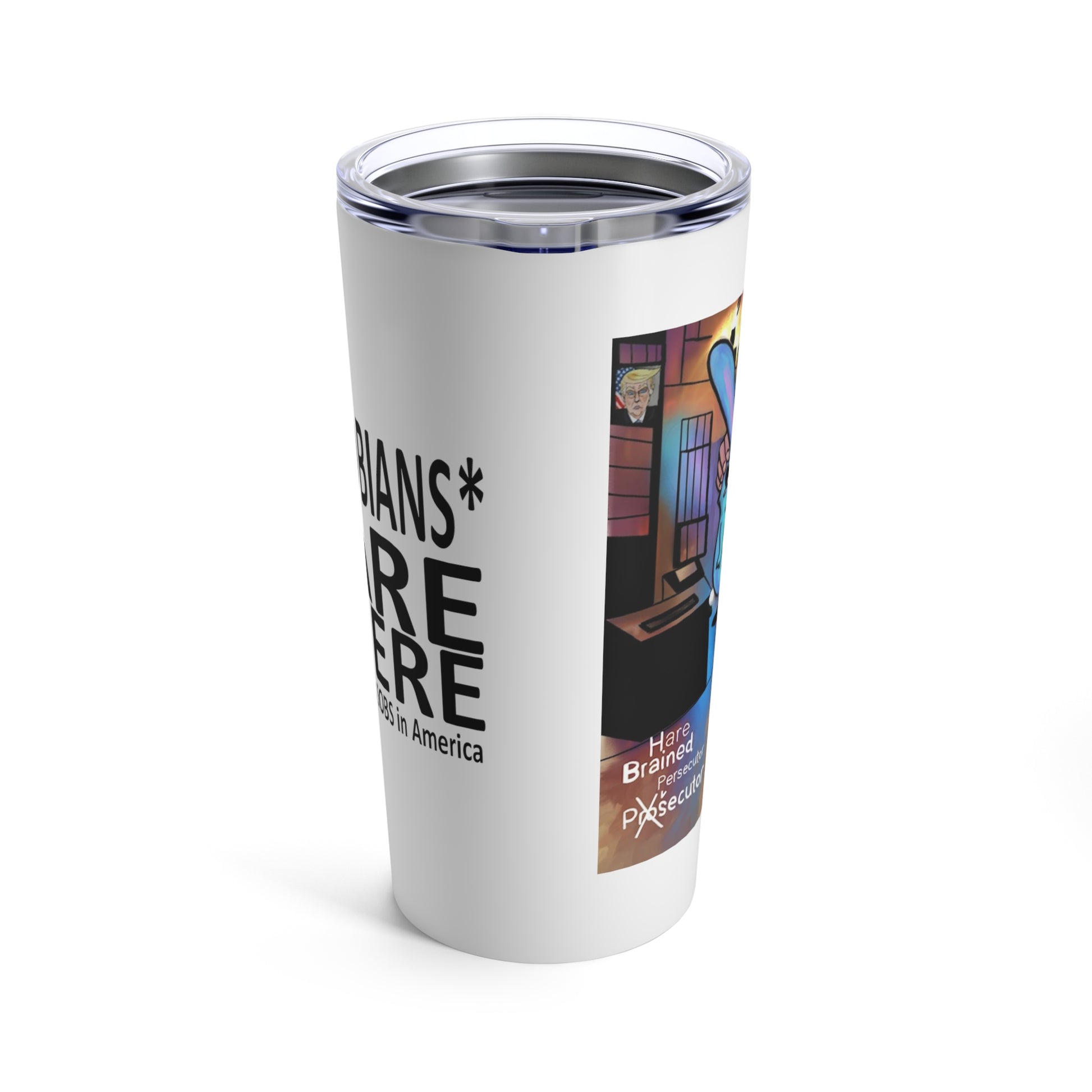 Opposite side-angle view of the Hare Brain Persecutor 20 oz tumbler showing Musobians text, part of the Alvin Bragg caricature artwork, and a small Trump portrait.