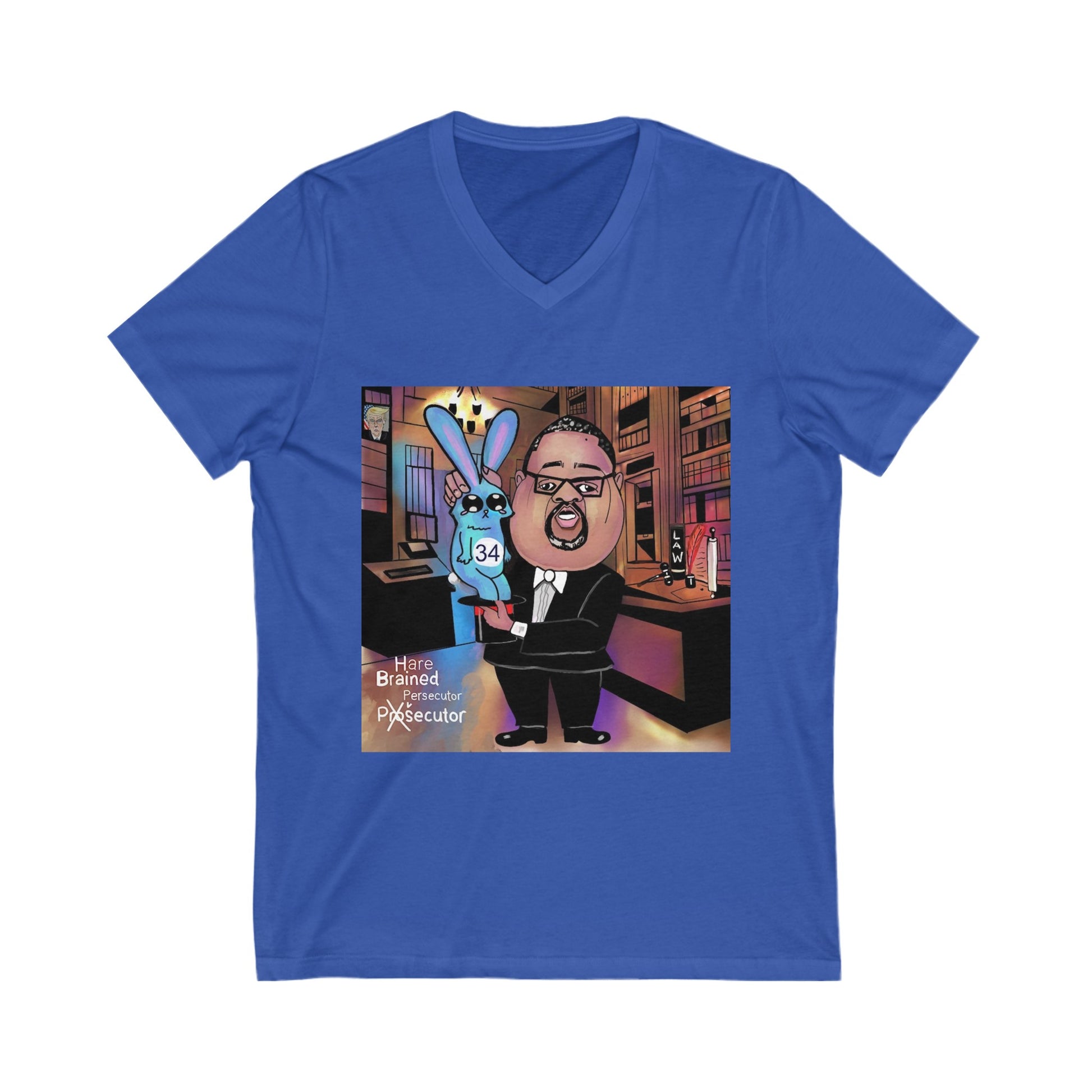 Blue Hare Brain Persecutor political satire V-neck shirt featuring original Musobia courtroom cartoon artwork.