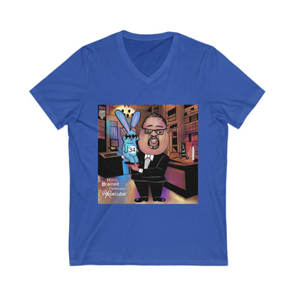 Blue Hare Brain Persecutor political satire V-neck shirt featuring original Musobia courtroom cartoon artwork.
