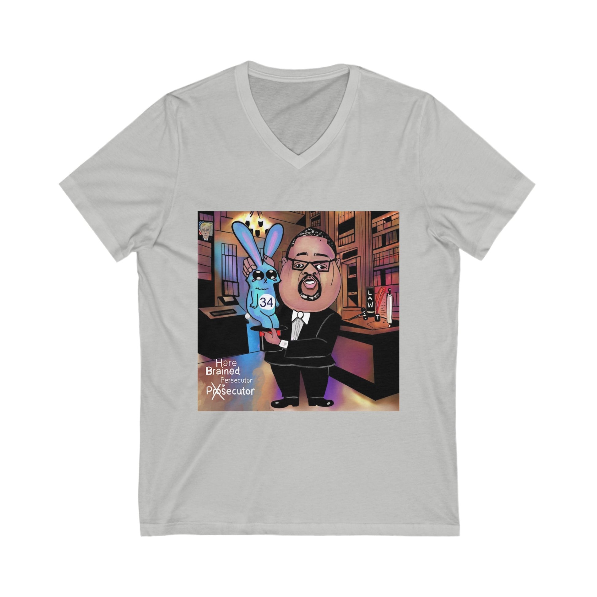 Gray Hare Brain Persecutor political satire V-neck shirt featuring the full Musobia courtroom character artwork.