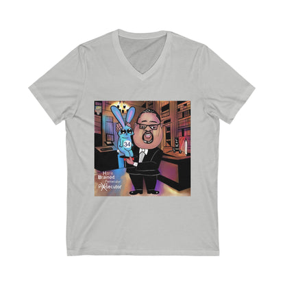 Gray Hare Brain Persecutor political satire V-neck shirt featuring the full Musobia courtroom character artwork.