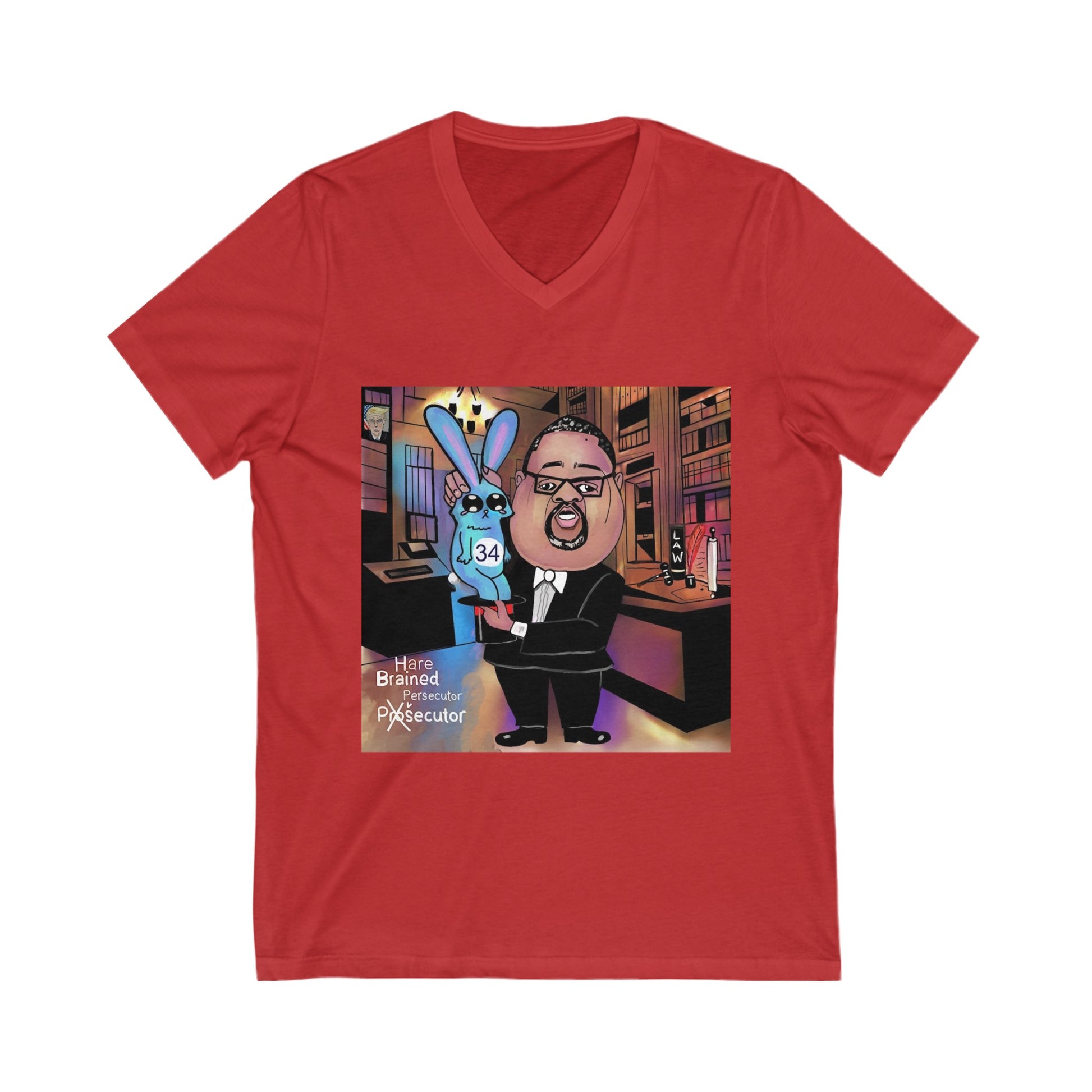 Red Hare Brain Persecutor V-neck T-shirt featuring an Alvin Bragg political caricature and blue rabbit marked 34.