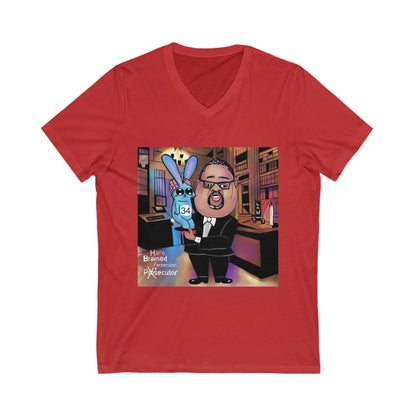 Red Hare Brain Persecutor V-neck T-shirt featuring an Alvin Bragg political caricature and blue rabbit marked 34.