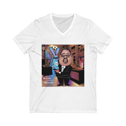 White Hare Brain Persecutor V-neck T-shirt featuring an Alvin Bragg caricature holding a blue rabbit marked 34.