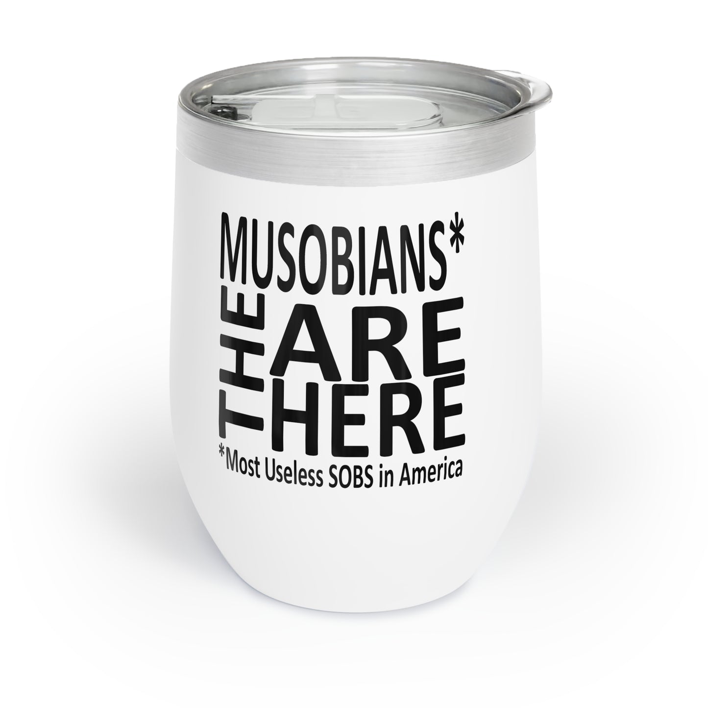 Reverse view of the Hare Brain Persecutor wine tumbler showing the Musobians They Are Here logo and tagline.