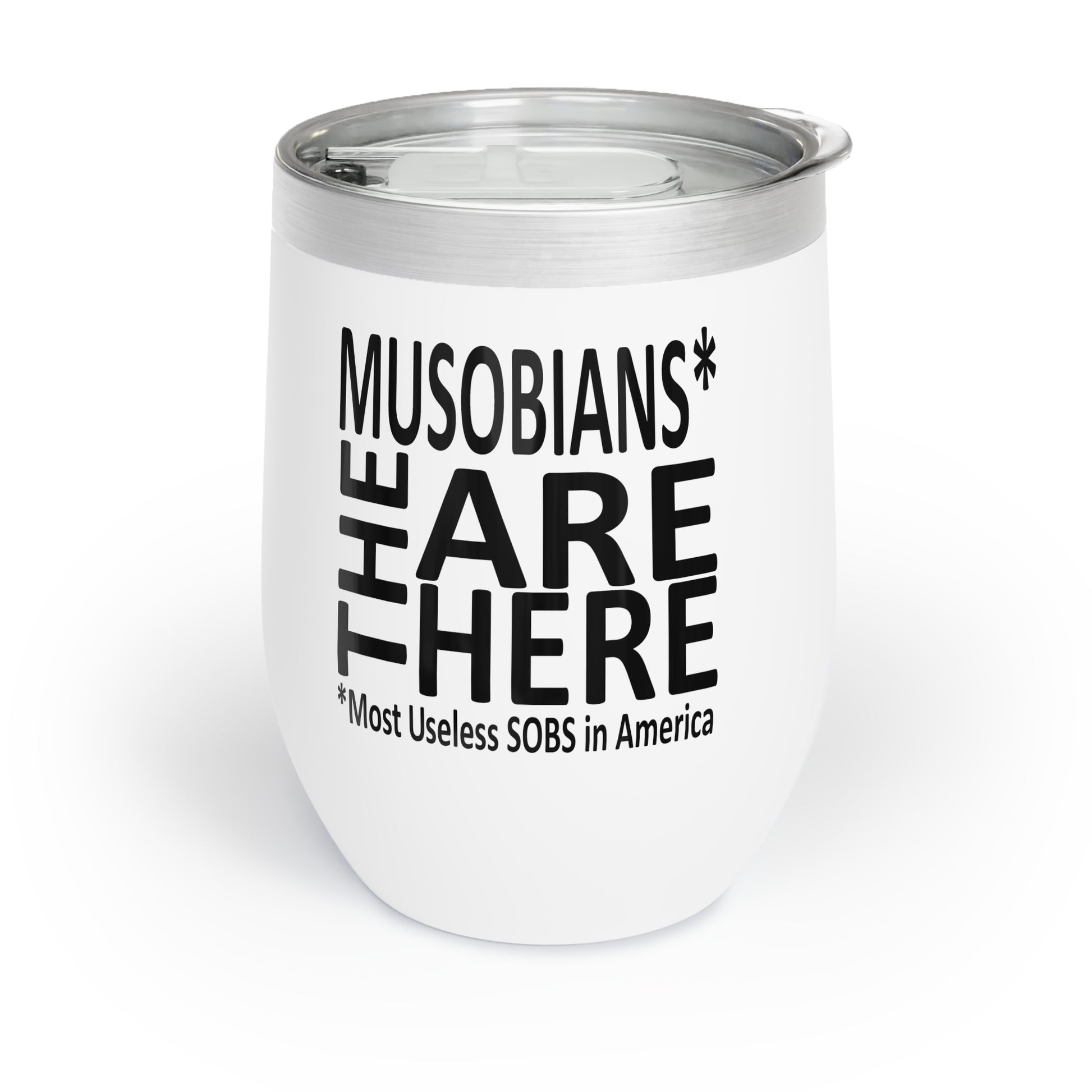 Reverse view of the Hare Brain Persecutor wine tumbler showing the Musobians They Are Here logo and tagline.