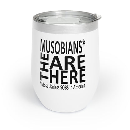Reverse view of the Hare Brain Persecutor wine tumbler showing the Musobians They Are Here logo and tagline.