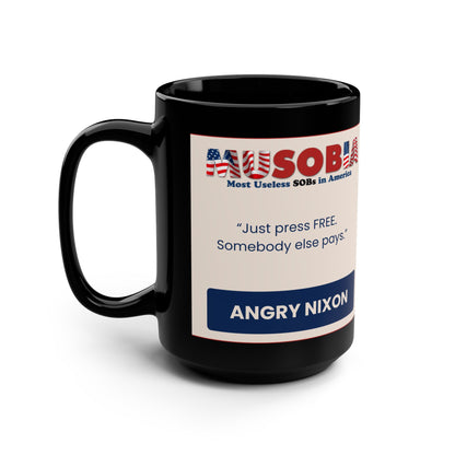  Angie Nixon political satire black coffee mug Musobia logo view

