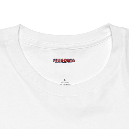 Musobia Most Useless SOBs in America logo on inner neck line of political satire T-shirt
