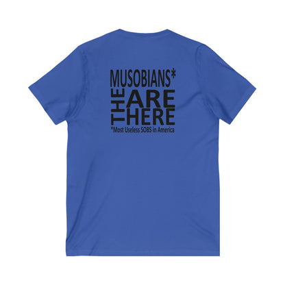 Musobians Are Here back design on blue V-neck T-shirt
