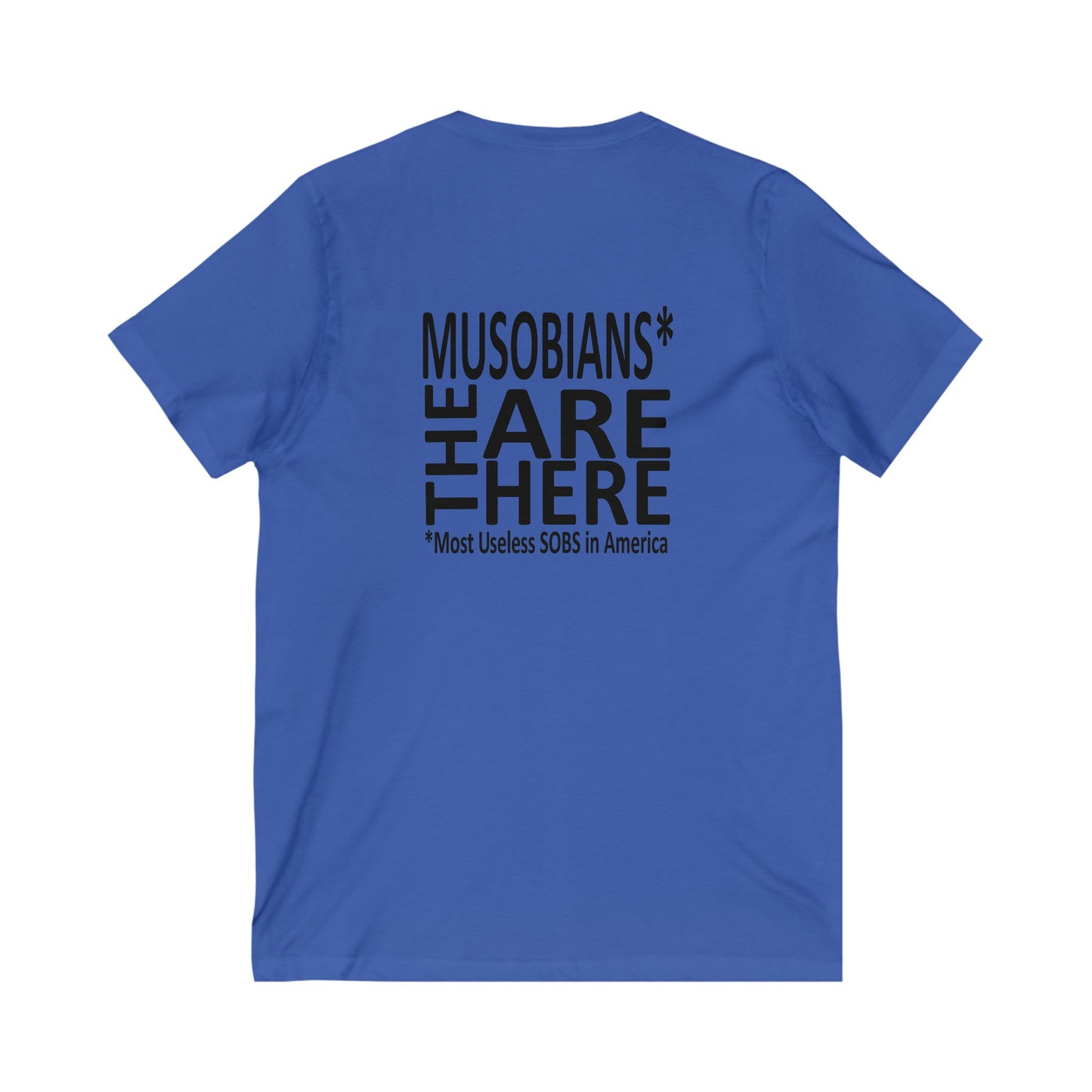 Musobians Are Here back design on blue V-neck T-shirt
