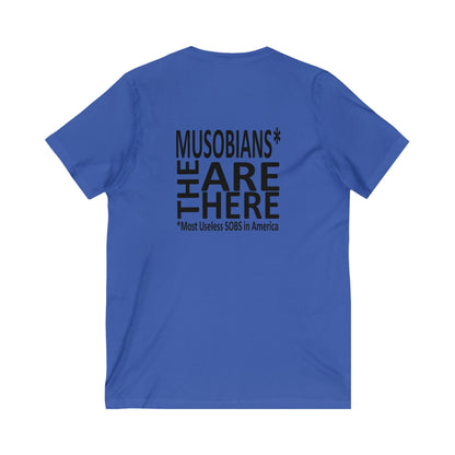 Musobians Are Here back design on blue V-neck T-shirt