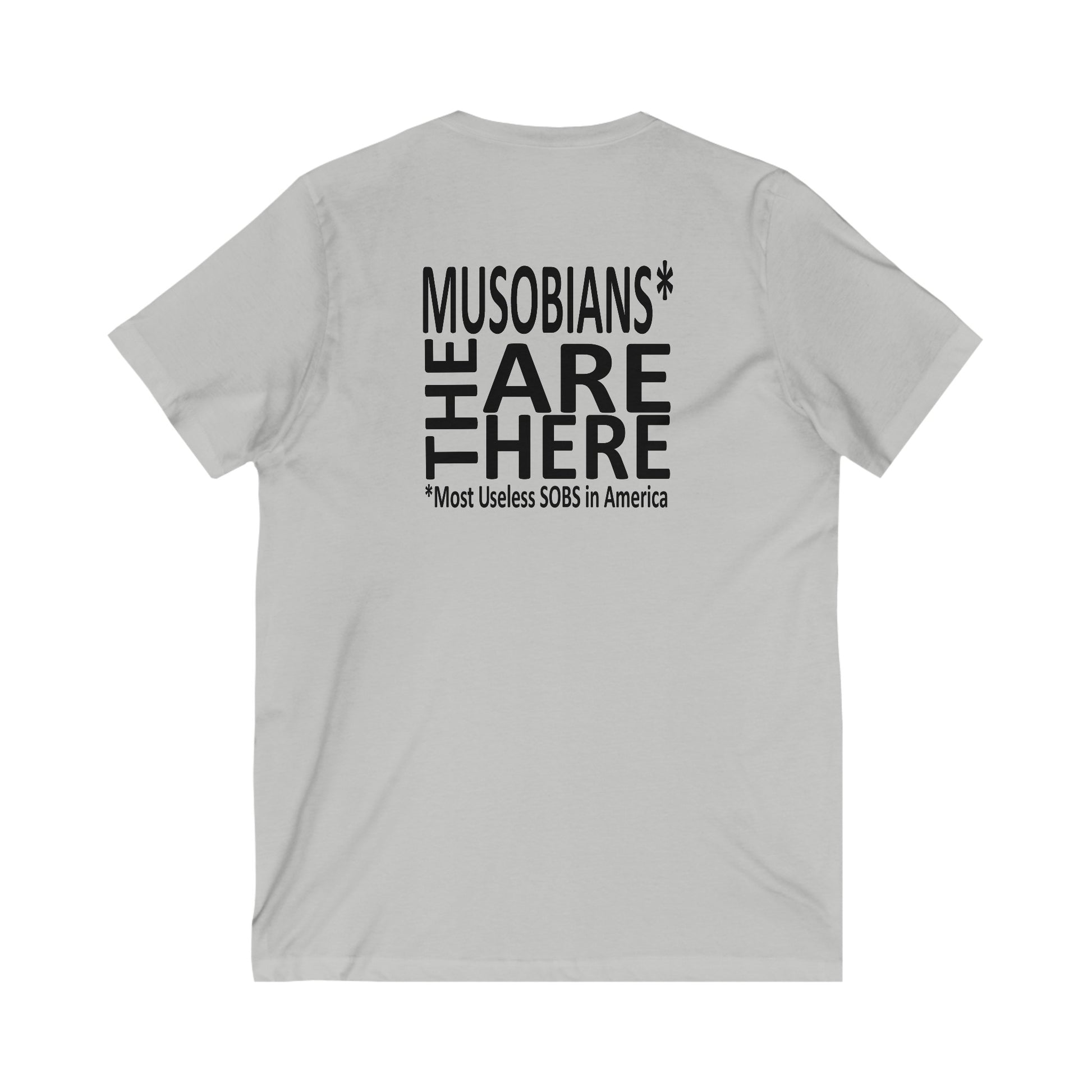Musobians Are Here back design on gray V-neck T-shirt